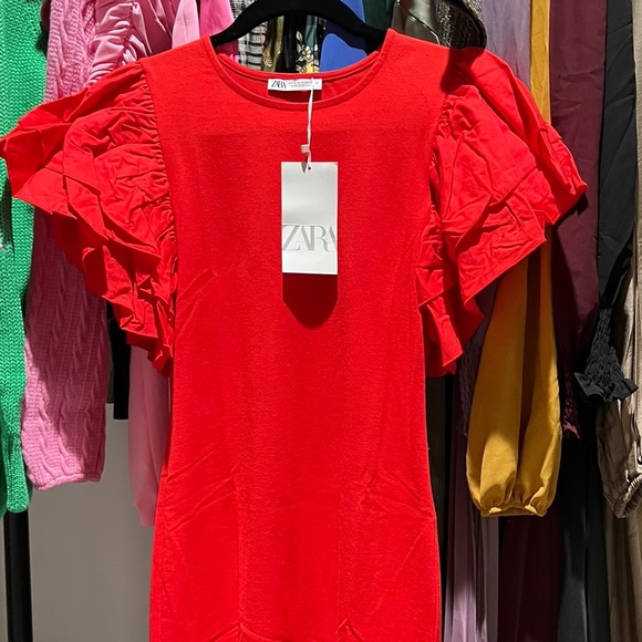 Zara Red Ruffled Poplin Sleeves Mini Dress - Picture 3 of 9